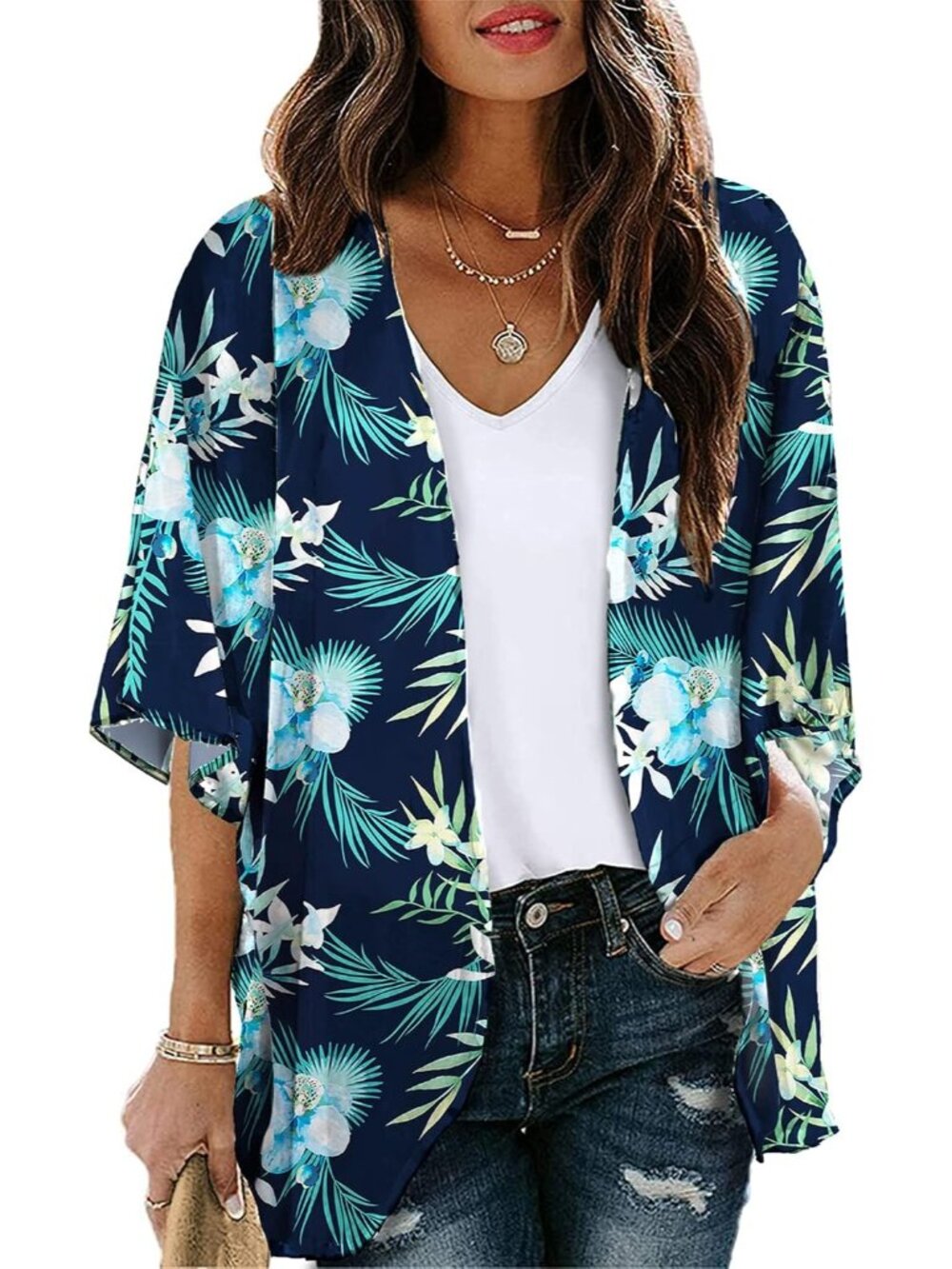 Women's Blue Tale Chiffon Kimono Cardigan Open Front Blouse Swimwear Cover Up
